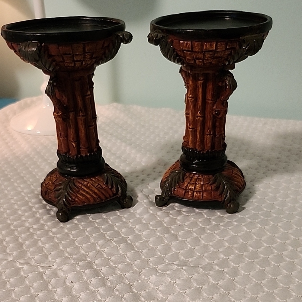Vintage Set Of Two 6" Height 3 1/2" Candle Holders Hand Painted Ceramic - Picture 1 of 6